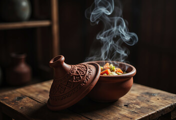 A traditional terracotta tagine, partially uncovered and filled with hot, steaming stew, rests on a rustic wooden surface in dramatic low light.