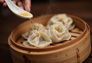 A hand pours sauce from a spoon onto freshly steamed Asian dumplings arranged inside a traditional bamboo steamer basket.