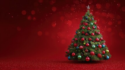 A beautifully decorated Christmas tree with colorful ornaments stands on a sparkling red background, embodying the festive spirit of the holiday season.