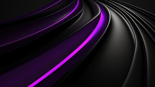 Abstract background with glowing purple neon lines on a sleek black surface. Futuristic technology concept with dynamic curves and motion. Modern elegant wallpaper design