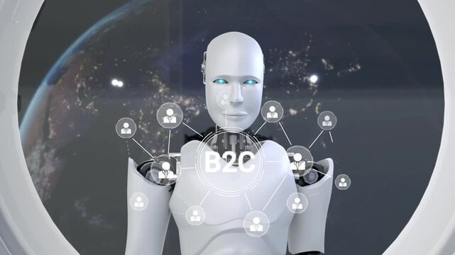 A lifelike robot stands before a holographic display, illustrating B2C connections with a global view of Earth, highlighting technology role in modern communication. Synapse