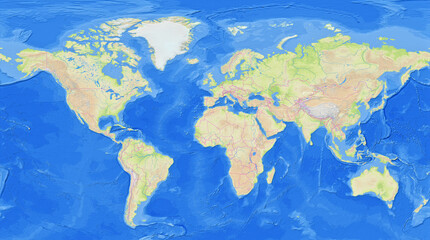 Map of the earth showing the region with relief representation, rivers, lakes, administrative boundaries and undersea relief. No labels at all. © TipTopMap