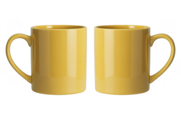 Two yellow coffee mugs on black cups handles ceramic isolated on a transparent background
