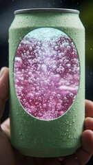 Hand holding cold soda can with pink drink.