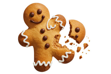 Broken gingerbread man on black cookie dessert isolated on a transparent background