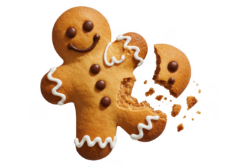 Broken gingerbread man on black cookie dessert isolated on a transparent background