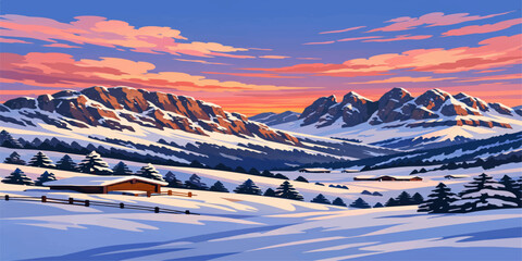 Panoramic winter landscape of a high alpine ski resort in the Swiss Alps featuring snow covered mountain peaks under a sunny sky with white clouds during a cold travel season in Switzerland