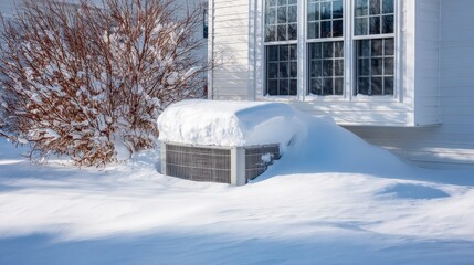 A snow-covered air conditioning unit beside a house, partially obscured by a thick layer of snow, with a bush in the background and bright sunlight illuminating the scene.