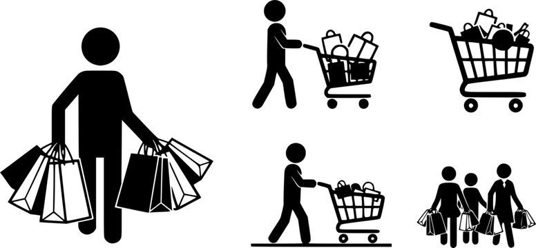 Shopping people carrying bags cart icon set.
