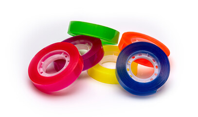 Colorful adhesive tape rolls isolated on a white background. Representing creativity, organization and stationery use. Ideal for office, school, craft, packaging and design concepts.