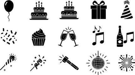 Celebration and party silhouette icon set – filled style festive, event, and birthday symbols for joyful occasions: balloon, cake, gift, hat, confetti, cupcake, streamers. See Less

