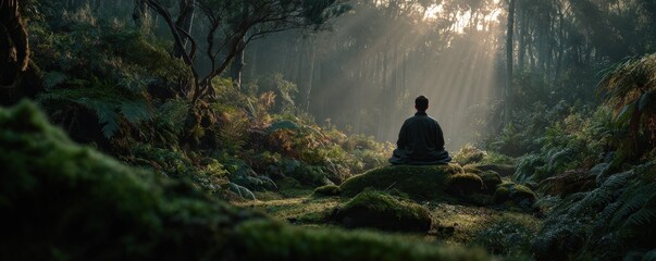 A serene figure meditating in a lush forest, illuminated by soft sunlight filtering through the trees, surrounded by vibrant greenery.