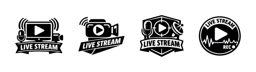 Obraz premium Live stream vector icons set: camera, microphone, play button symbols