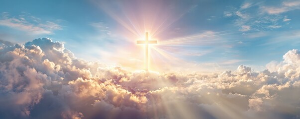 A radiant cross shines brightly among fluffy clouds, symbolizing hope and spirituality in a serene sky.