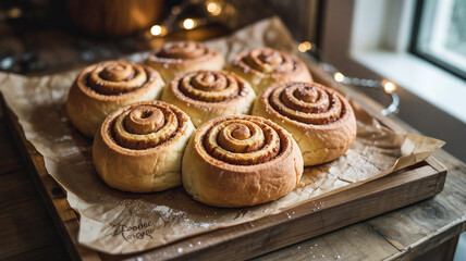 Warm cinnamon rolls sit on a tray delivered with a kss