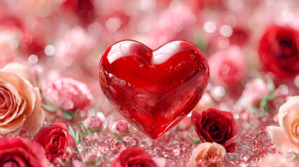 Decorative heart with flowers and gold accents on a dark background with soft bokeh and petals. A romantic symbol of love and tenderness for Valentine's Day and weddings.