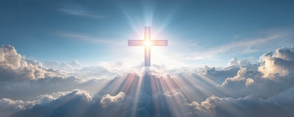 A radiant cross illuminates the sky, surrounded by clouds and beams of light, symbolizing hope and spirituality.