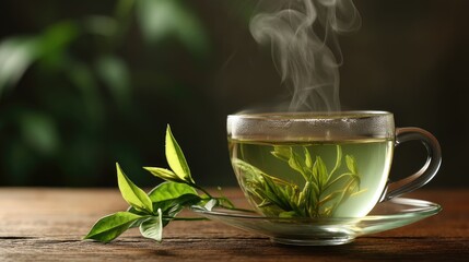 Freshly Brewed Green Tea with Steaming Aroma and Vibrant Green Leaves on Wooden Table in Cozy Kitchen Setting