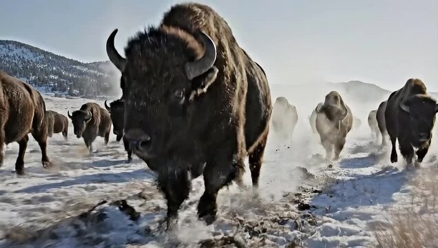 Herd of bison running through snowy landscape with mountains in background on a sunny day