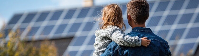 A man holds a child while admiring solar panels in the background, highlighting a connection to renewable energy and family bonding.