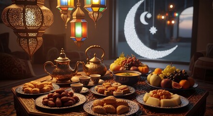 Obraz premium Ramzan Iftar table setting with traditional food and decorations Background