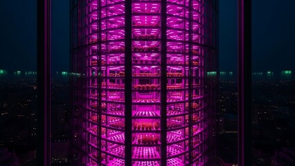 Modern Pink Illuminated Office Building at Night.