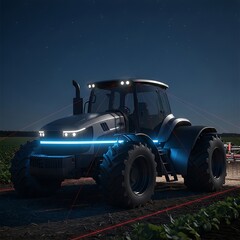 Modern Tractor in Field at Night.