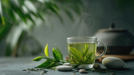 Serene Green Tea Composition with Fresh Leaves, Hot Steam, Natural Stones, and Subtle Background Plants for Relaxing Ambiance and Wellness Themes