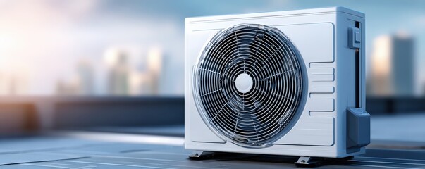 A modern air conditioning unit sits on a rooftop with a cityscape in the background, showcasing technology and urban living.