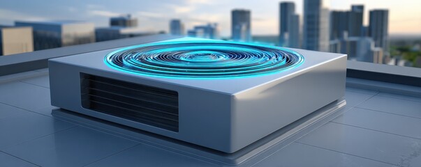A modern HVAC system sits on a rooftop, showcasing sleek design and blue digital patterns against a city skyline backdrop.