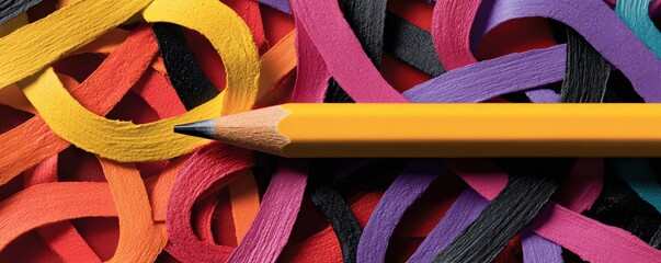 A vibrant yellow pencil rests on a colorful background of twisted paper strips in various hues, showcasing creativity and art supplies.