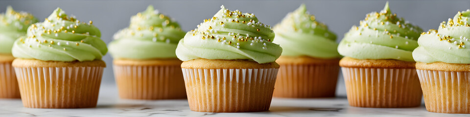 Green frosting cupcake for St Patricks Day. Sweet baked dessert with gold and white sprinkles for holiday celebration and party food.