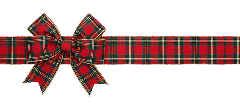Red tartan ribbon bow isolated on transparent background for Christmas gift decoration