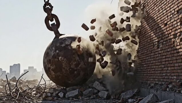 Large wrecking ball hangs over rubble and brick wall in urban demolition site with city skyline