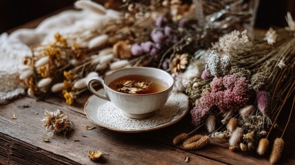 Cozy Tea Cup Surrounded by Dried Flowers and Natural Decorations on Rustic Wooden Table in Warm Lighting, Inviting Relaxation and Serenity