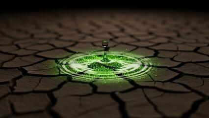 Single Water Droplet on Dry Cracked Earth.