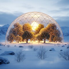 Snowy Landscape with Dome Shaped Greenhouse.
