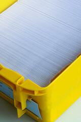 Mailbox with letter mailing sorted by zip code for delivery and postage optimization when sending mail. Inserting machine mail letter print production business.