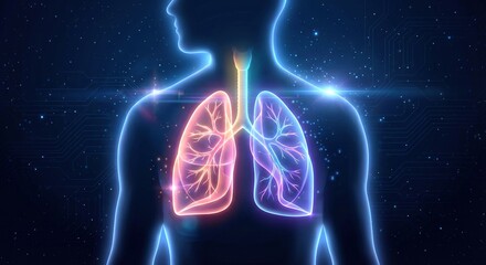 An illustrated digital image of a human silhouette with glowing neon lungs and trachea on a dark starry background