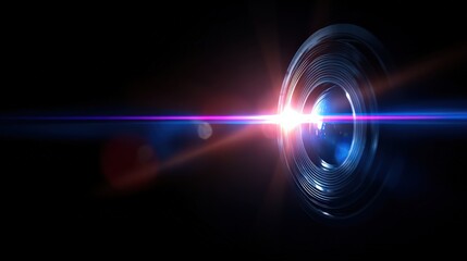 A high-tech camera lens emitting a vibrant light flare against a dark background, showcasing modern photography equipment.