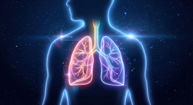 An illustrated digital image of a human silhouette with glowing neon lungs and trachea on a dark starry background - Powered by Adobe
