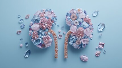 A creative depiction of lungs adorned with colorful gems and flowers, symbolizing beauty and health in an artistic manner.