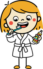 Ginger girl in bathrobe brushes teeth, kids hygiene rules, vector illustration isolated on transparent background