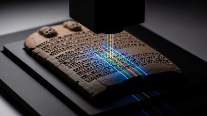 Cuneiform tablet undergoing spectral analysis with advanced technology in a dark setting