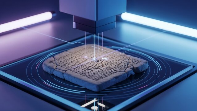 Scanning a cuneiform tablet with advanced technology in a futuristic laboratory setting