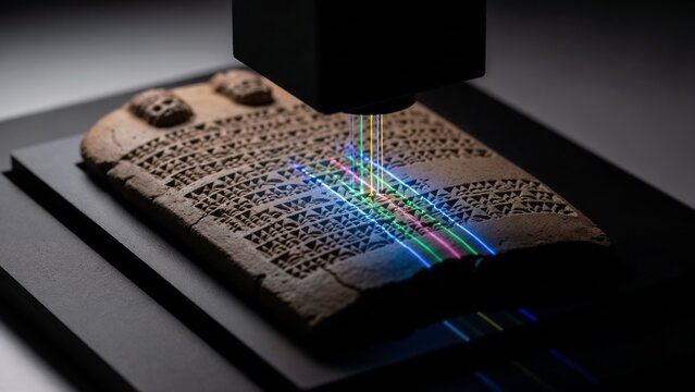 Cuneiform tablet undergoing spectral analysis with advanced technology in a dark setting