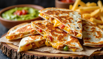 Delicious quesadilla slices served with guacamole and fries on a wooden platter