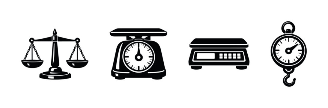 Scales and weighing devices vector icons set: balance, kitchen scales, weight symbols