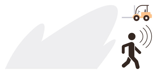 Workplace safety, sensor systems, industrial technology, machine alerts, hazard prevention, operational security. Icon of signal alert on walking person with forklift in background. Workplace safety