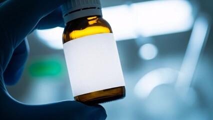 Close up of a hand holding small brown medicine bottle with blank label